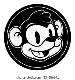 Vintage cartoon. Smiling retro isolated cartoon monkey character in black circle.