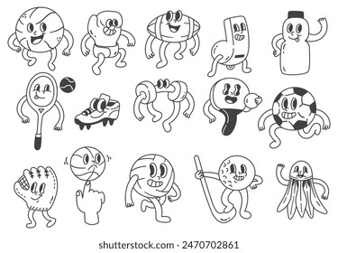 vintage cartoon sport equipment doodle illustration