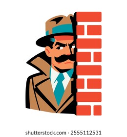 Vintage cartoon spy in a raincoat and fedora hat hiding and spying behind the brick wall. Vector character