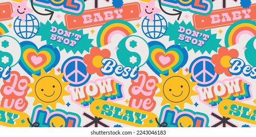 Vintage cartoon sticker label seamless pattern. Retro 90s smiley icon tag background texture. Trendy funny quote sign wallpaper print.