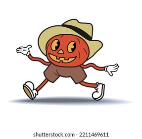 Caricatura vintage de carácter plano de una calabaza de Halloween con brazos y piernas de manguera de goma, mascota espeluznante en un sombrero, diseño de stickers de feriado. Ilustración del vector