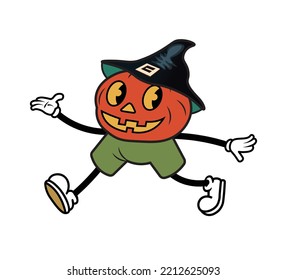 Vintage cartoon style flat character of a Halloween pumpkin with rubber hose arms and legs, spooky mascot in a hat, holiday sticker design. Vector illustration