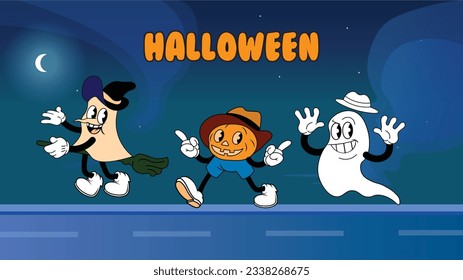 Vintage cartoon style flat characters of a Halloween pumpkin, ghost and witch, spooky mascots in witch hats, holiday sticker. Vector illustration. Postcard, greeting banner concept