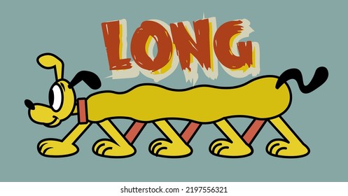 Vintage cartoon style log dog with eight legs, centipede dog concept, illustration, funny retro bubble gum sticker. Vector illustration