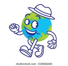 Vintage cartoon style planet Earth in a hat walking and smiling, vector illustration