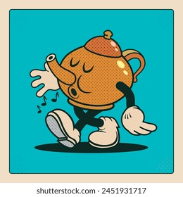 Vintage cartoon style teapot mascot, kettle character, whistling	