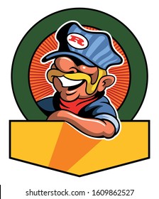 Vintage cartoon style train driver character, retro style vector railroad logo concept.