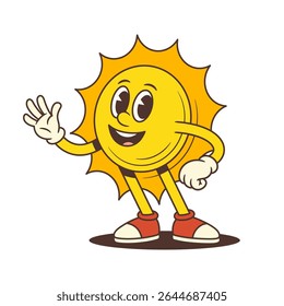 Vintage cartoon sun character with gloves and sneakers waving hand and smiling kindly. Suitable for children’s media, summer projects, weather apps, and branding. Vector illustration