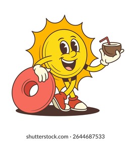 Vintage cartoon sun mascot with gloves and sneakers leaning on red swim ring and holding a coconut with straw. Perfect for summer vacation designs, tropical themes, beach parties. Vector illustration