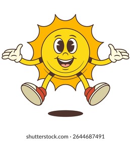 Vintage cartoon sun mascot joyfully jumping up with arms spread wide. Suitable for summer, vacation, weather, and cheerful design projects. Bright and playful character with energetic vibe