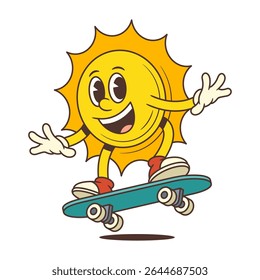 Vintage cartoon sun mascot joyfully riding a skateboard with wide smile, wearing sneakers and gloves. Perfect for summer, sports, and fun projects. Vector illustration