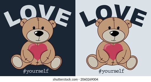 Vintage Cartoon Teddy Bear Illustration With Heart Print And Love Yourself Slogan For Graphic Tee T Shirt Or Sticker - Vector