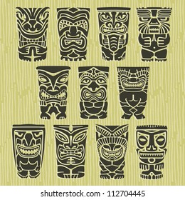 Vintage Carved Polynesian Tiki Totem Vector Idol Masks