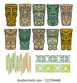 Vintage Carved Polynesian Tiki Totem Vector Idol Masks