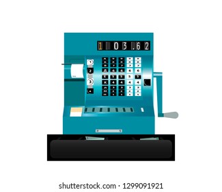 Vintage cash register on a white background. Front view. Vector.