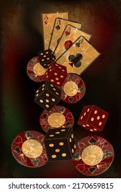 Vintage casino background with dice, chip and poker cards, vector illustration