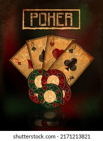 Vintage casino background with  poker cards and chips, vector illustration