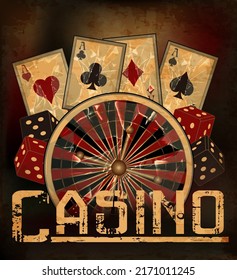 Vintage casino background with roulette and poker cards, casino background, vector illustration