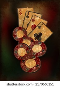 Vintage casino banner with chip and poker cards, vector illustration