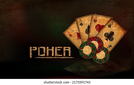Vintage casino banner with poker cards and chips, vector illustration	