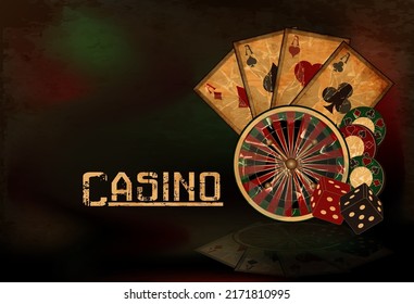 Vintage casino banner with roulette, chip, dice and poker cards, vector illustration