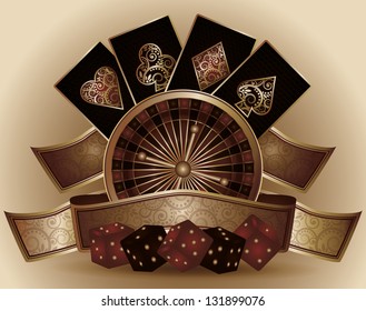 Vintage Casino Card With Poker Elements , Vector Illustration