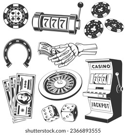 Vintage Casino and gambling tools and elements silhouettes set in monochrome style isolated. Vector. Set include skeleton hand holding dollar banknotes, casino chips, two dice, slot machine, money