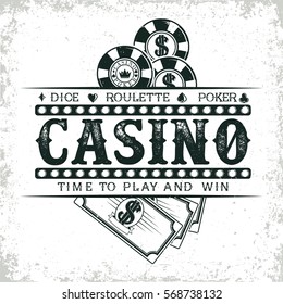 Vintage casino logo design,  grange print stamp, creative poker typography emblem, Vector