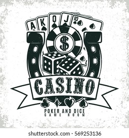 Vintage casino logo design,  grange print stamp, creative poker typography emblem, Vector