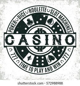 Vintage casino logo design,  grange print stamp, creative poker typography emblem, Vector