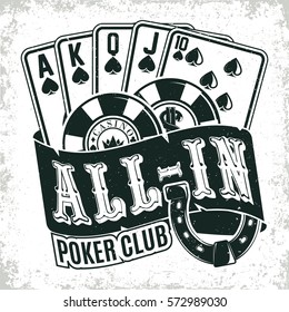 Vintage casino logo design,  grange print stamp, creative poker typography emblem, Vector