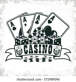 Vintage casino logo design,  grange print stamp, creative poker typography emblem, Vector