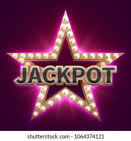 Vintage Casino Mega Bonus Poster With Retro Illuminated Star. Showtime And Jackpot Vector Background. Jackpot Prize, Win In Casino, Winner Star Illustration