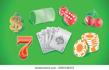 Una escena de casino vintage estalla en esta ilustración. Un mantel blanco nítido cubre una mesa verde, su centro adornado con una extensión de iconos de juego clásicos. 