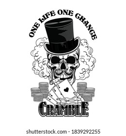 Vintage casino skull. Gangster logotype, sticker, print with playing cards, top hat, smoking cigar, money. Vector illustration for poker club labels, gambling concept