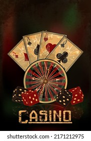 Vintage Casino Wallpaper With Roulette, Dice And Poker Cards, Vector Illustration