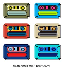 Vintage cassette colour tapes illustration, isolated on white set.