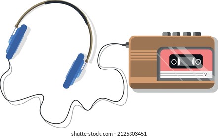 Vintage cassette player from the 80s, 90s production, stylish blue headphones with a soft rim. Flat illustration in the style of the 90s 