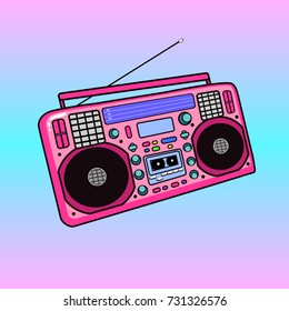 Vintage cassette player. Music boombox. Fun bright colorful sketch, hand drawn illustration.