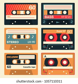 Vintage cassette set. Retro audio cassettes in colour.