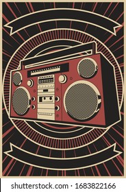 Vintage Cassette Stereo Recorder, Old Propaganda Poster Style, 1980s, 1990s Recorder