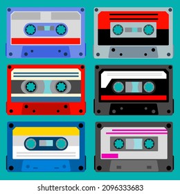 Vintage cassette tape. Retro mixtape collection, 1980s pop songs tapes and stereo music cassettes. 90s hifi disco dance audiocassette, analogue player record cassette. Vector Illustration