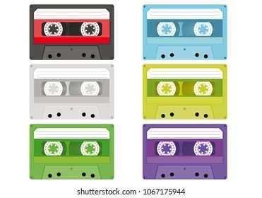 Vintage cassettes for tape recorders in the range. Set with old multi-colored cassettes. Vector illustration.