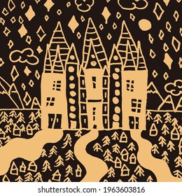Vintage castle for emblem or badge. A magical concept for Halloween. Doodle style palace. Vector illustration
