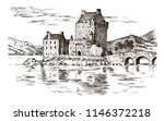 Vintage Castle in Scotland. Graphic monochrome landscape. Engraved hand drawn old sketch. Fortress or tower. Stone citadel. Bridge over the river in the background of the building.