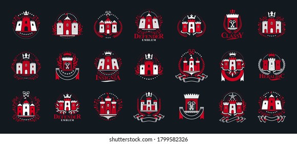 Castillos vectoriales o emblemas vintage, elementos de diseño heráldico conjunto grande, símbolos de arquitectura herálica de estilo clásico, fuertes antiguos y fortalezas.