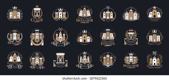 Vintage castles vector logos or emblems, heraldic design elements big set, classic style heraldry architecture symbols, antique forts and fortresses.