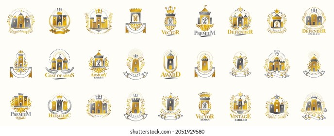 Vintage castles vector logos or emblems, heraldic design elements big set, classic style heraldry architecture symbols, antique forts and fortresses.