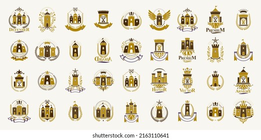 Vintage-Schlösser, Vektorlogos oder -Embleme, heraldische Design-Elemente mit großem Set, klassische Symbole heraltrockener Architektur, antike Festungen und Festungen.