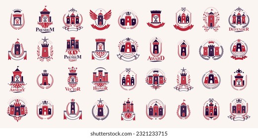 Vintage castles vector logos or emblems, heraldic design elements big set, classic style heraldry architecture symbols, antique forts and fortresses.